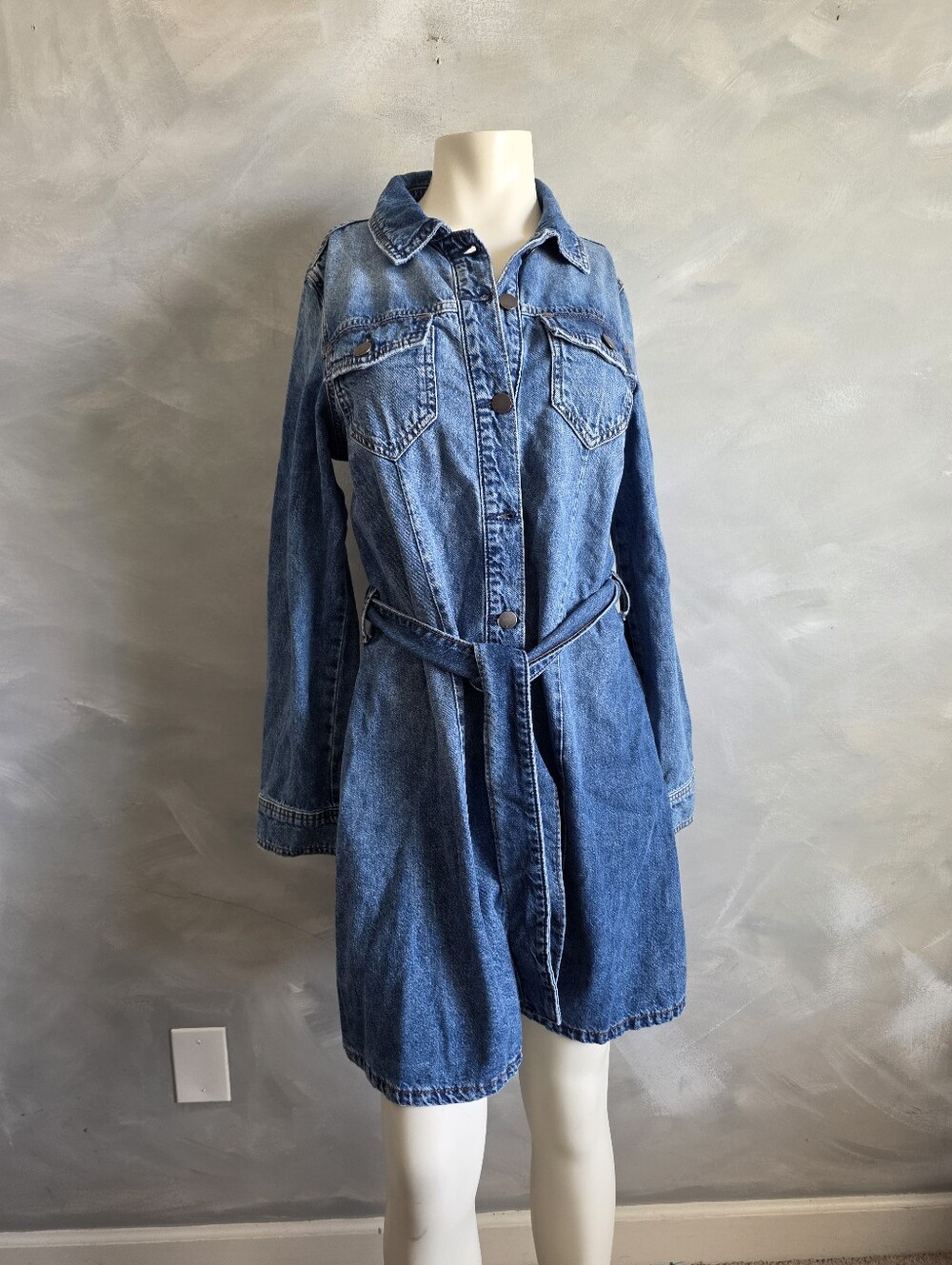 A.N.A. Denim Jean Shirt Dress Belted Collar Button Diwn Cotton Medium Wash Sz S